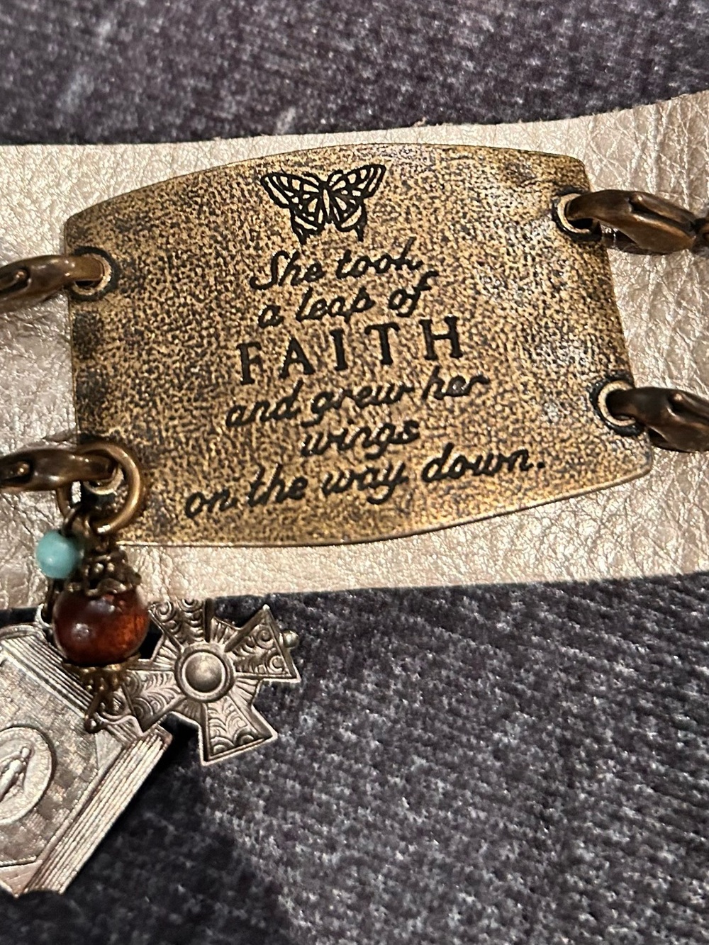 Inspirational Brass Plate Charm Bracelet with Cross and Beads